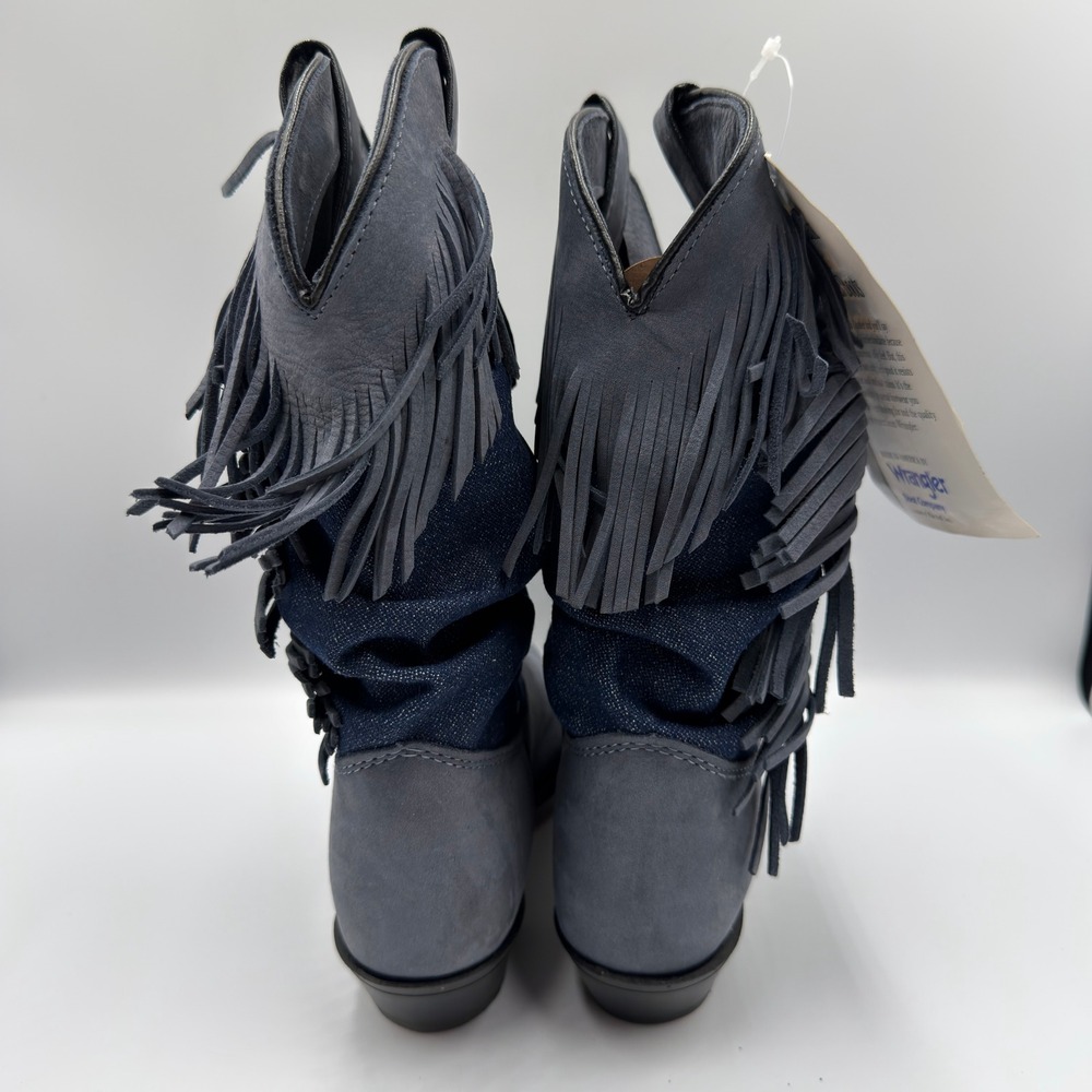 Vtg Wrangler Womens Durabuck Leather Fringe Western Boots Navy Blue Denim NEW - Picture 7 of 12